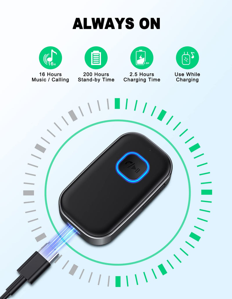 COMSOON Bluetooth AUX Adapter for Car, Noise Reduction Bluetooth Receiver for Music/Hands-Free Calls, Wireless Audio Receiver for Home Stereo/Speaker, 16H Battery Life/Dual Connect (All Black) All Black