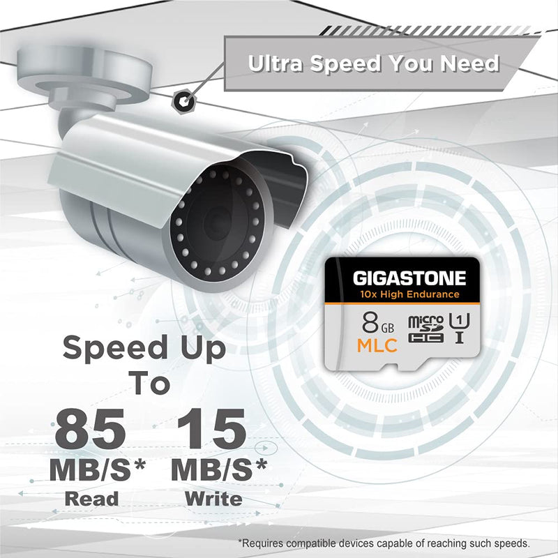 [10x High Endurance] Gigastone 8GB 2-Pack MLC Micro SD Card, Full HD Video Recording, Security Cam, Dash Cam, Surveillance Compatible 85MB/s, U1 C10, with Adapter MLC 8GB 2-Pack