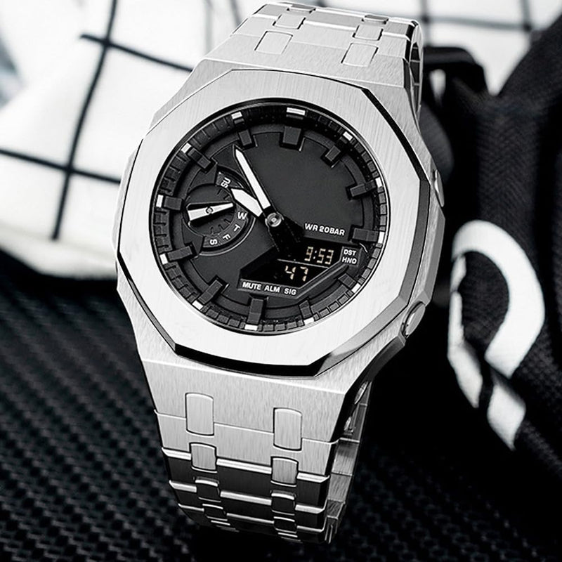 GA2100 Stainless Steel Watch Band Case Mod Kit, Smooth Bezel without Nails Metal Strap Accessories Compatible with Casio Mens G-Shock GA2100/GA-2110 Watches Silver