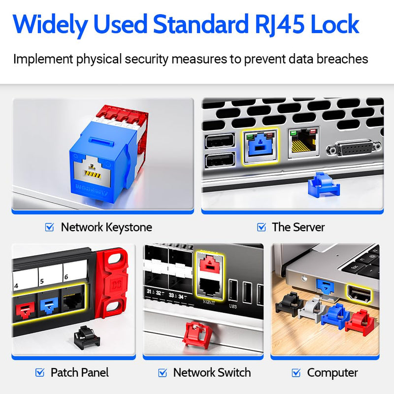 AMPCOM RJ45 Port Lock 100-Pack 3-Point Tamper-Proof Blocker w/ 2 Keys Black | 3-contact Pull-release Grip, Impact-resistant Body, Key-required Removal, Block Data Leakage Physically, Dust Proof Plug