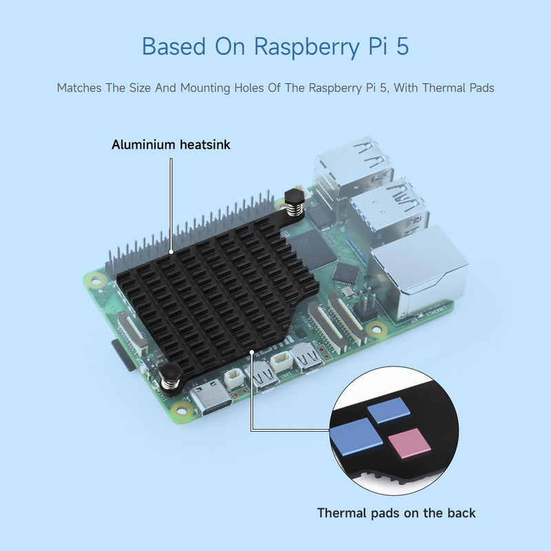Waveshare Aluminum Heatsink for Raspberry Pi 5, with Thermal Pads and Spring-Loaded Push Pins