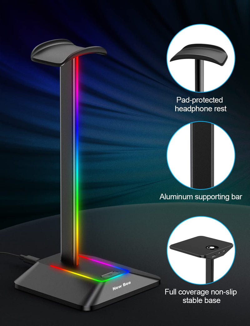 New bee RGB Headphone Stand with 1 USB-C Charging Port and 1 USB Charging Port, Desk Gaming Headset Holder with 7 Light Modes and Non-Slip Rubber Base Suitable for All Earphone Accessories (Black) Black