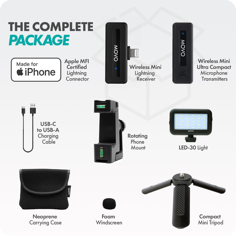 Movo VSK3 Wireless Vlogging Kit for iPhone: YouTube Starter Kit for Content Creators with Wireless Microphone, LED Light, Hand Grip & Mini Tripod - iPhone Vlogging Kit
