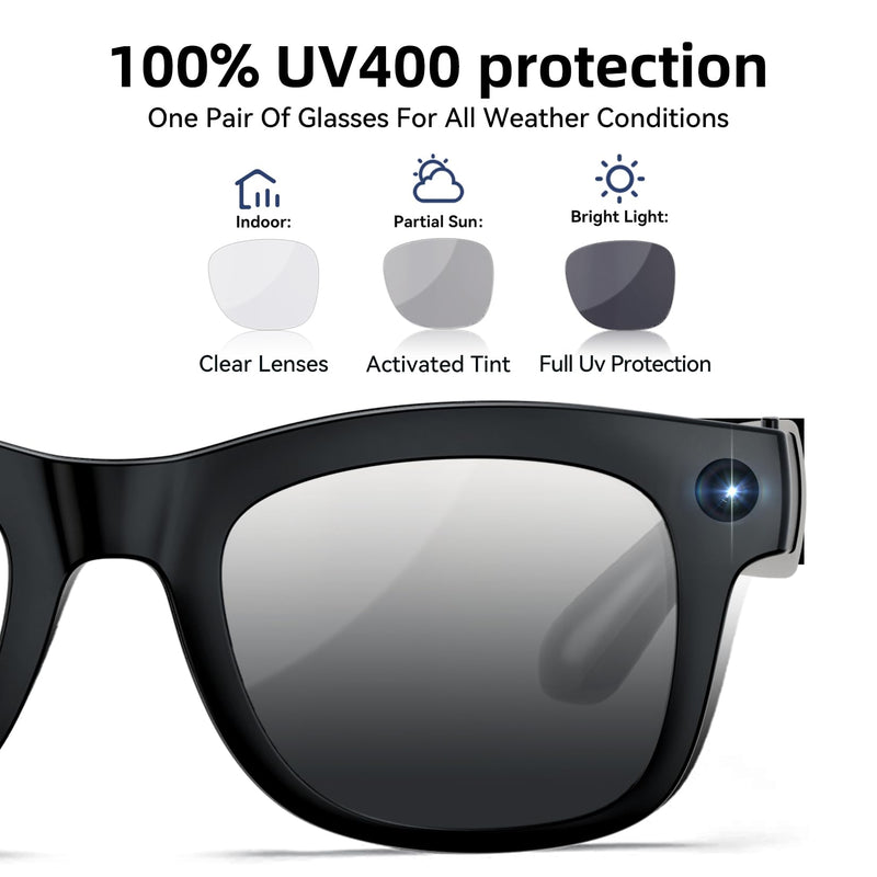 AI Smart Glasses with HD Camera, BT Call, 8MP Anti-Shake Camera Glasses with 1080P Video Recording Dual Mic, Simultaneous Interpretation/GPT Identify Objects, Photochromic Lens