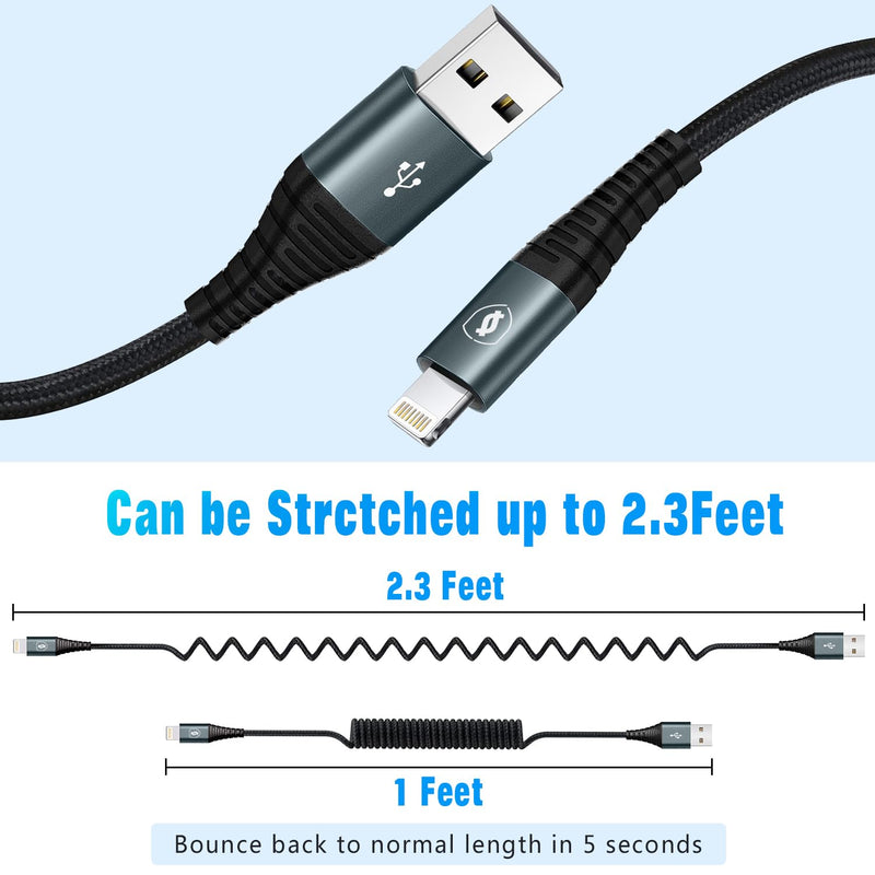 Coiled Lightning Cable 3ft Nylon Braided, iPhone Charger Fast Charging for Car [Apple MFi Certified], Compatible with iPhone14/13/12/11 Pro Max/XS MAX/XR/XS/X/8/7/Plus/6S iPad/iPod-2Pack 2Pack-3FT Grey