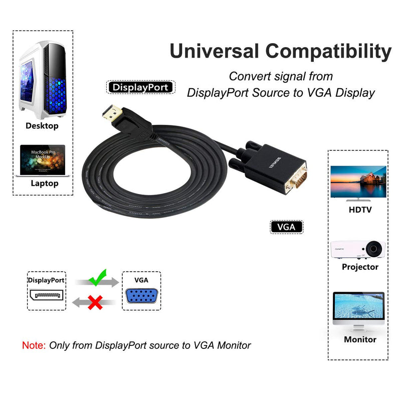 DisplayPort to VGA Adapter, Benfei DP DisplayPort to VGA 6 Feet Cable Male to Male Gold-Plated Cord Compatible for Lenovo, Dell, HP, ASUS and Other Brand 1 PACK