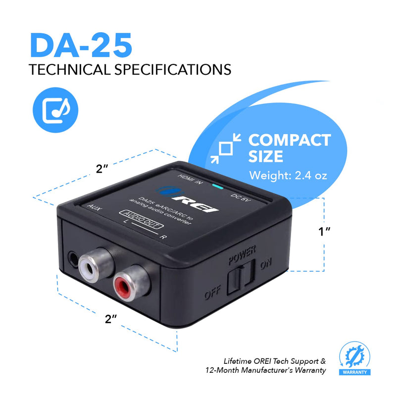 OREI HDMI (eARC & ARC) to RCA L/R Analog Audio Converter With 3.5mm Jack Support Headphone/Speaker Outputs - HDMI ARC to Analog Audio Converter. Premium Digital to Analog Converter
