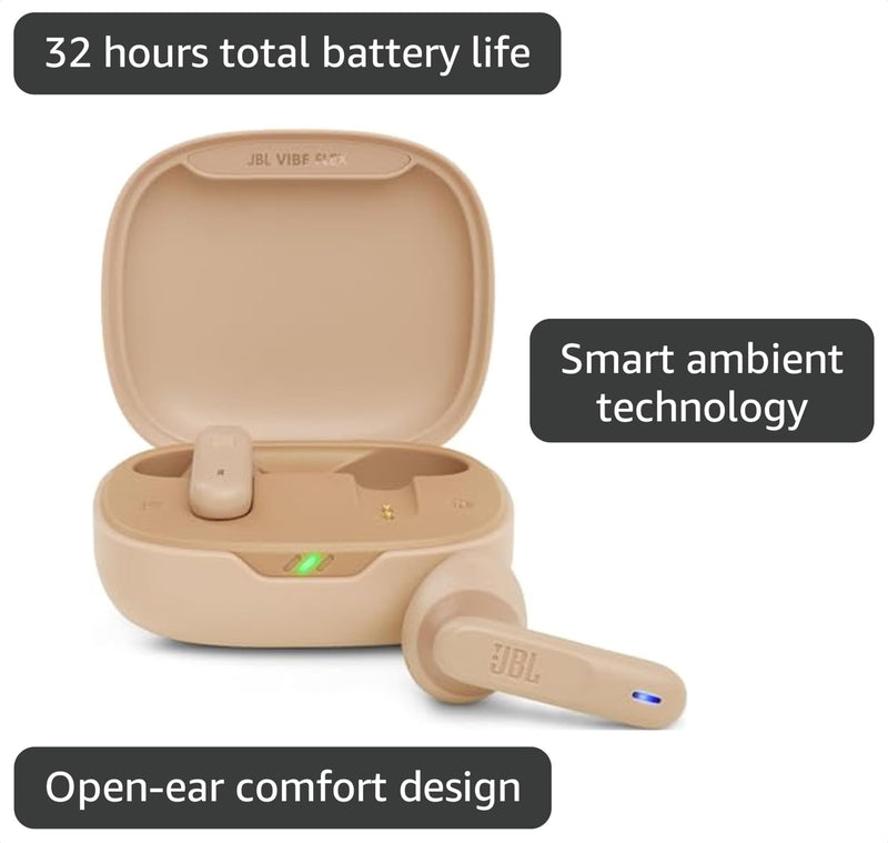 JBL Vibe Flex True Wireless Earbuds – Bluetooth Earphones with Deep Bass Sound, IP54 Water & Dust Resistant, Long Battery Life, Voice Assistant Compatible, Open-Ear Design (Beige) Beige