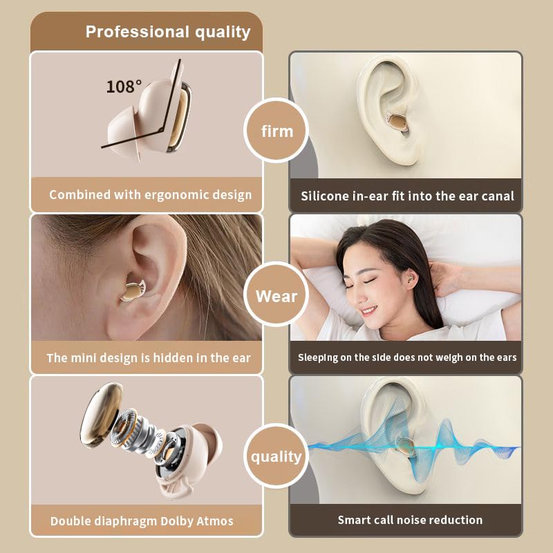 Mini Sleep Earbuds for Side Sleepers, Wireless Bluetooth Earphones | Ultra Lightweight, Noise Masking for Deep Sleep, Comfortable Invisible Open Ear Design (Beige) Beige