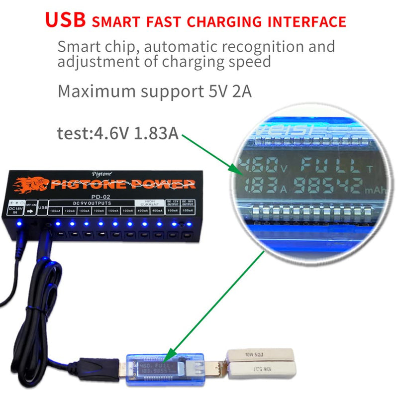 Guitar Effect Pedal 10 DC Outputs Power Supply for 9V 12V 18V Effects Pedals with USB (5V2A) PD-02