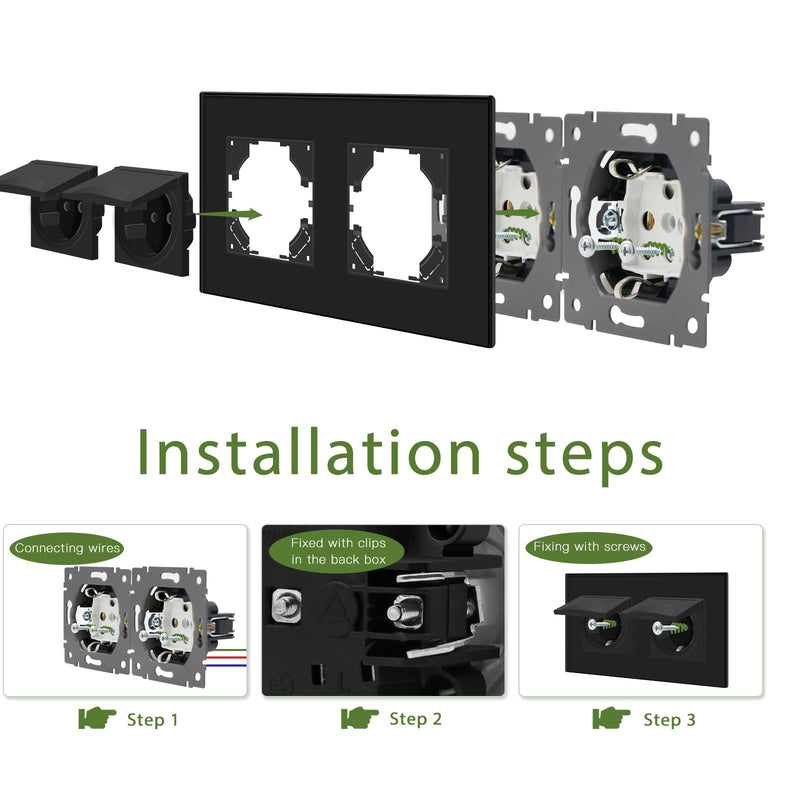 [AUSTRALIA] - BSEED 2-Way Socket with Waterproof Cover, Schuko Socket with Plug-In Terminal, Flush-Mounted Socket with Crystal Glass Plate, Double Socket, Built-in Socket, 16 Amp, Wall Socket, 157 mm, Black 2 compartments with waterproof cover 