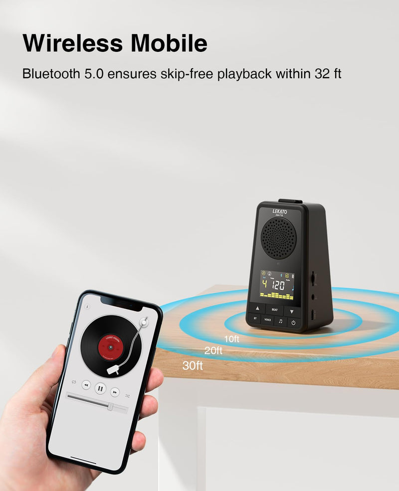 [AUSTRALIA] - LEKATO Bluetooth Speaker Metronome for Guitar Piano Drum, Rechargeable 2-in-1 Electronic Digital Metronome with Vocal Counts, Portable Wireless Speaker Beats Mixer, Black 2-in-1 Bluetooth Speaker Metronome-Black 
