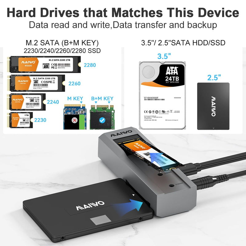 MAIWO M.2 SATA to 2.5'' 3.5''SATA Enclosure with Offline Clone, M.2 B+M Key to 3.5inch HDD Cloner, USB-C Type-C Max 5Gbps Standalone Clone Duplicator MAIWO-K10635S