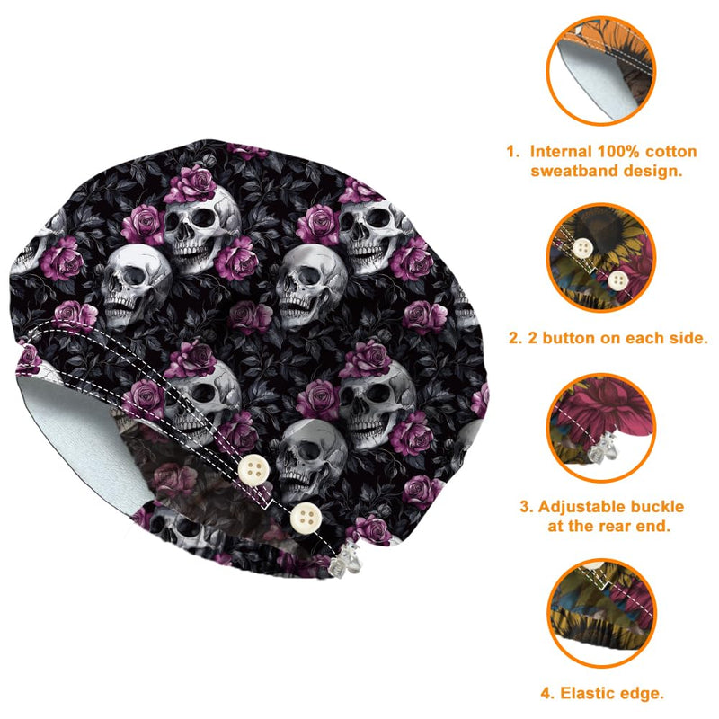 DELORIGIN Bouffant Hats with Skull and Rose Motif, Adjustable Work Cap, Cotton, for Nurses, Doctors and Surgery Hat with Button and Sweatband for Nurses and Cooking Skull Rose