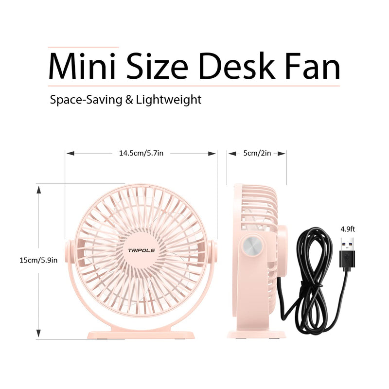 TriPole Mini Desk Fan USB Powered Portable Fan 3 Speeds Strong Airflow Small Fan 360°Rotation Personal Fan 5.1 Inch Table Fan for Home Office Bedroom Desktop, Pink, 4.9ft Cable