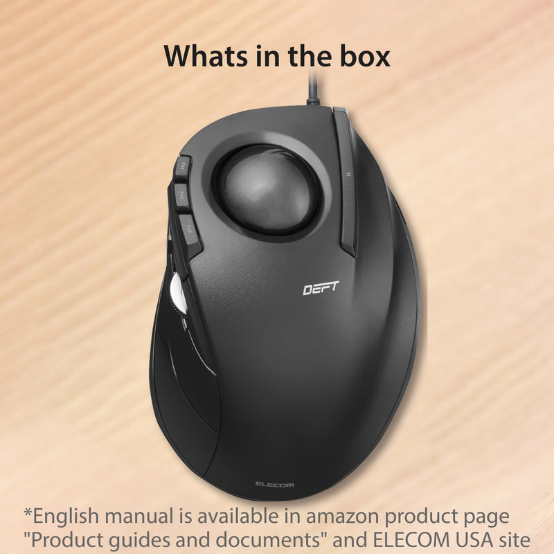 ELECOM DEFT Trackball Mouse, Wired, Finger Control, 8-Button Function with Smooth Tracking, Ergonomic Design, Windows11, macOS (M-DT2URBK) Black / Black ball