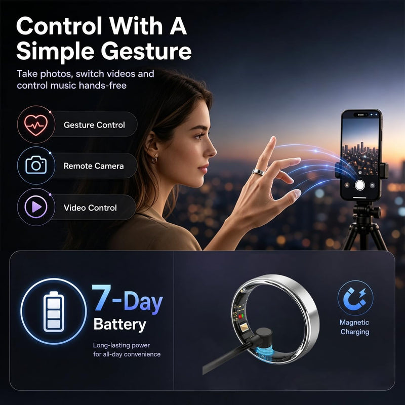 6mm Slim Smart Ring for Women HR/O2/Sleep Size11 Silver | Ultra-slim 6mm design. Tracks HR, blood oxygen & sleep. 5ATM waterproof for swimming. Gesture control 11