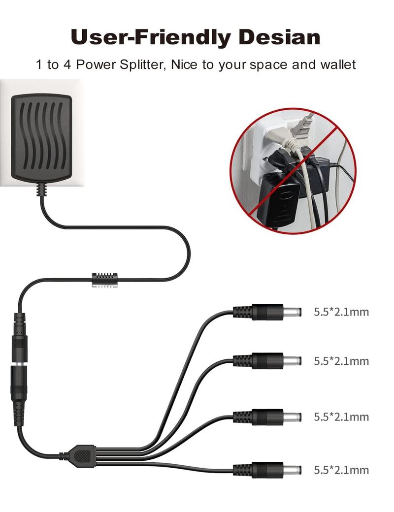 Lonnky DC 12V 2A Security Camera Power Supply Adapter Combine with 1 to 4 Power Splitter Cord Cable for CCTV Security Camera/DVR/NVR/LED Strip Lights, UL/FCC/CE Certificated 1PACK+1T4 Cable-B Black