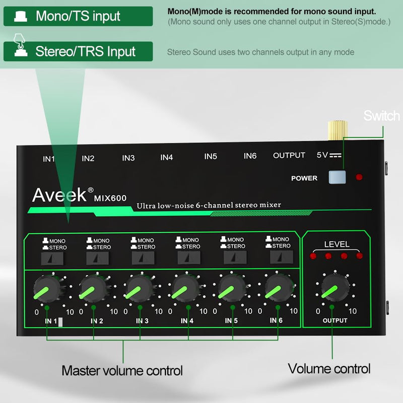 Aveek 6 Channel Mixer - Mini 6 Stereo Audio Mixer, Low-Noise for Precision Sub-Mixing,1/4" TRS Input/Output Ideal for Mics/Guitars/Bass/Stage - 3 x 5.8 x 1.3 inches