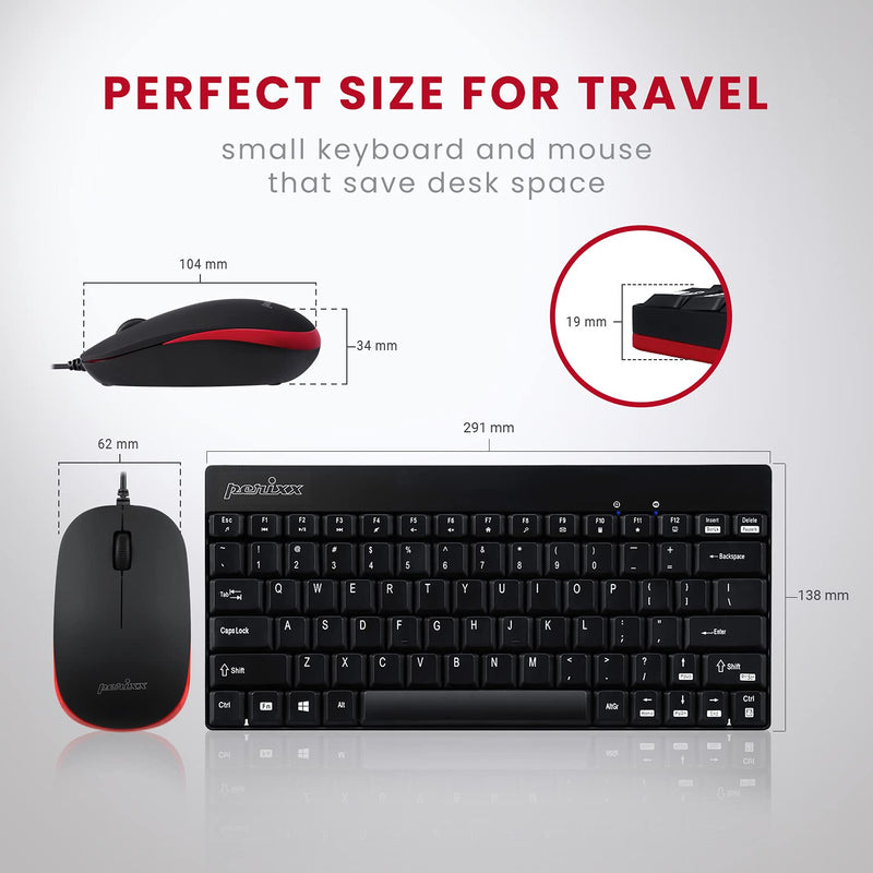Perixx Periduo-212 Wired Mini Keyboard and Mouse Set, USB Connection, Black, US English Layout (11486)