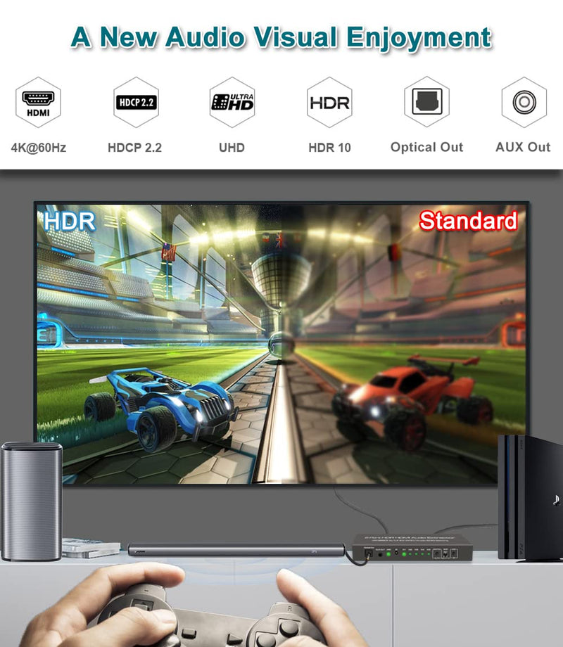 (Upgraded) SkycropHD 5 Port 4K@60Hz HDMI Switch with Optical & 3.5mm AUX Audio Out, 5 in 1 Out HDMI 2.0 Switch Audio Extractor with Remote,Support ARC, HDCP 2.2, HDR10, 18Gbps