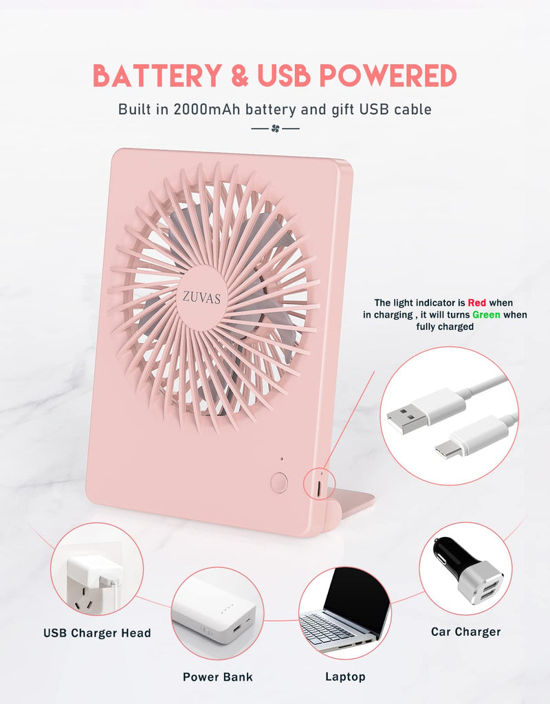 Zuvas Desk Fan Battery Operated Fan Rechargeable 180°Tilt Folding Personal Fan Ultra Quiet Small Portable Fan 3 Speed Adjustable Strong Wind USB Fan For Office Bedroom Home Desktop Camping Peach