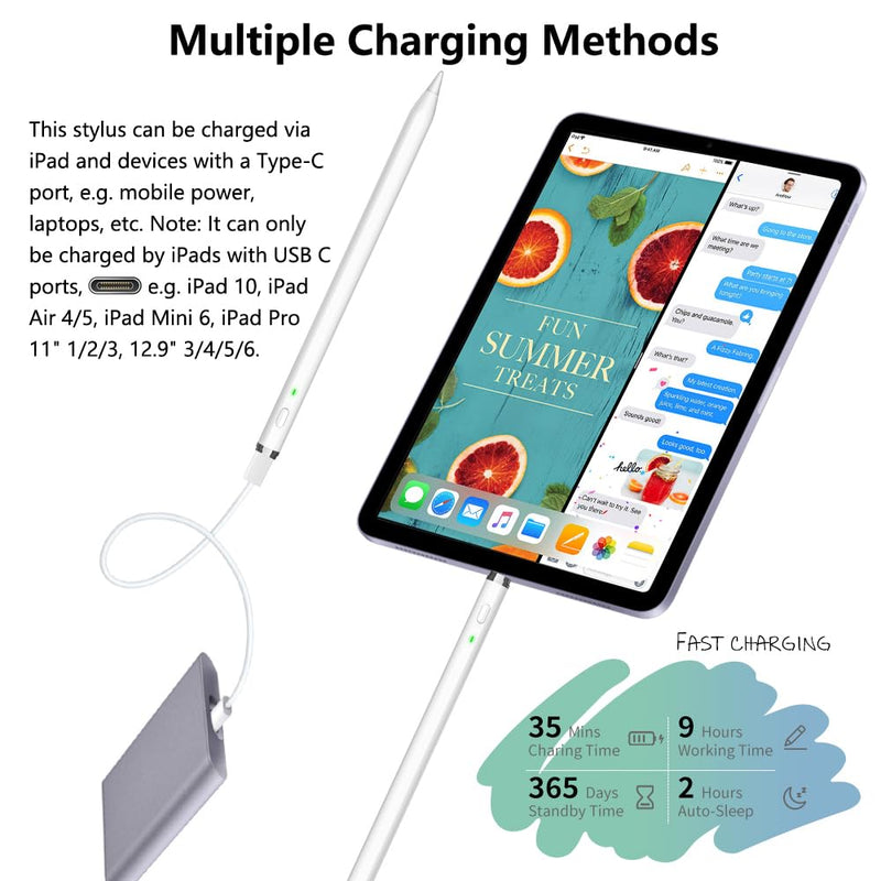 Stylus Pen for iPad 2018-2024, USB C iPencil 1st Generation with 10X Fast Charge, Tilt Sensing & Palm Reject, Professional Pencil for iPad 10th/9th~6th, iPad Air 3~5, iPad Mini 5/6, iPad Pro 11"/12" Classic White