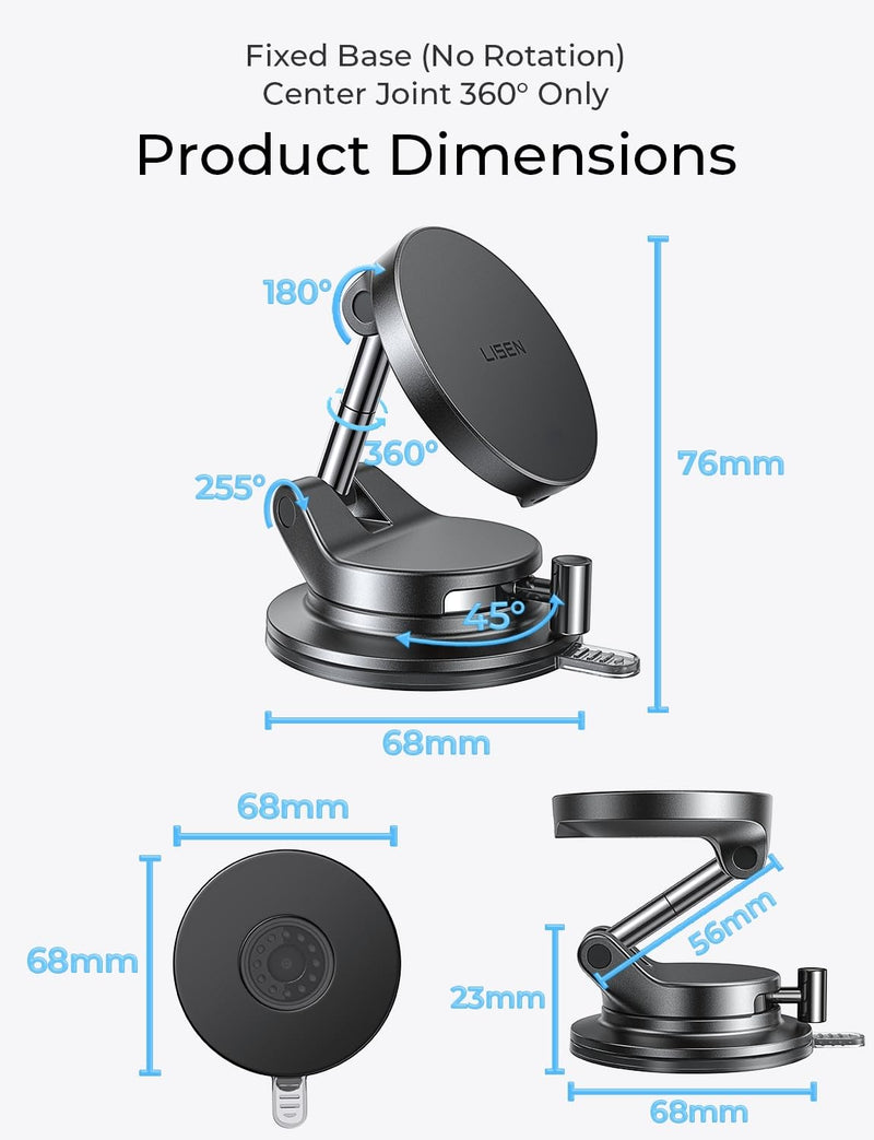 LISEN 15W MagSafe Car Mount Charger, Magnetic Wireless Car Phone Holder | [Easiest Mount] 96LBS Vacuum Suction Car Mount, 360° Magnetic Phone Holders for Your Car, for iPhone 17-12, Pixel 10, Samsung Black 1 Pack