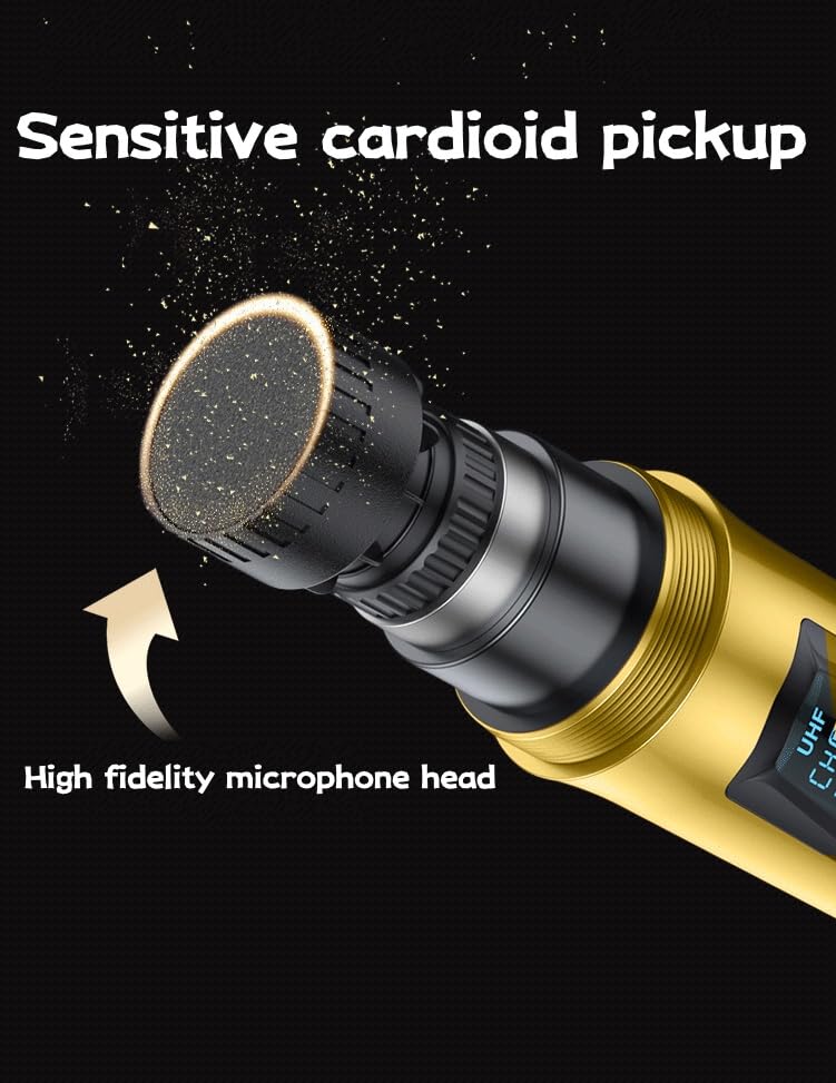 Handheld Wireless Microphone, Rechargeable UHF Microphone, 200Ft, Plating Gold 2 MIC,Handheld Dynamic Wireless Mic for Large Stage Singing Karaoke Wedding DJ Party Speech Church Class Use PA System Golden 2-Mic