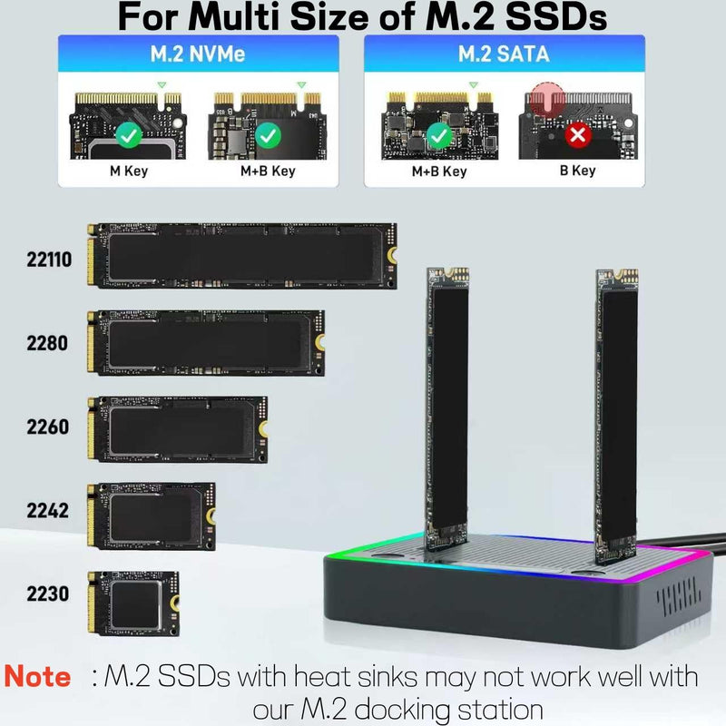 M.2 NVMe SATA SSD Cloner Dock, Dual NVMe SATA SSD Enclosure, 20Gbps USB3.2 Gen 2X2 SSD to USB Adapter,M.2 Duplicator Cloner for Both (M Key,B+M Key) Tool-Free,Support Offline Clone-RGB Plastic