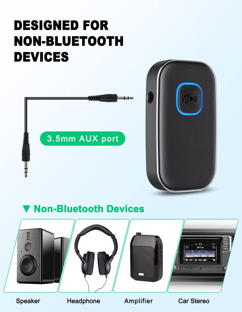 COMSOON Bluetooth AUX Adapter for Car, Noise Reduction Bluetooth Receiver for Music/Hands-Free Calls, Wireless Audio Receiver for Home Stereo/Speaker, 16H Battery Life/Dual Connect (All Black) All Black