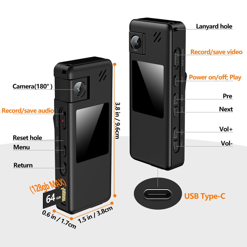 A32 64GB Body Camera, Portable Body Cam with 180° Rotatable Lens and Motion Detection, 1080P Camcorder with Audio and Video Recording for Outdoors Sports Police Delivery Cycling Helmet 64G