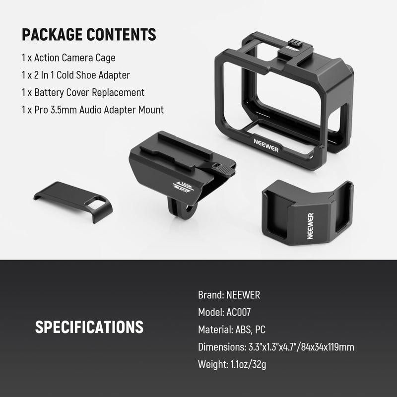 NEEWER Video Rig Cage Compatible with GoPro Hero 12 11 10 9 Light Mod Max Lens Mod, Durable Plastic with 3.5mm Media Audio Mic Adapter Mount, Cold Shoe Adapter, Battery Cover for Vlogging, AC007