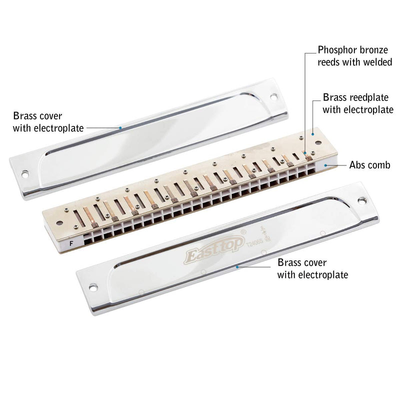 East top Tremolo Harmonica Key of F, 24 Holes Professional Tremolo Mouth Organ T2406S Harmonica For Adults, Professionals and Students