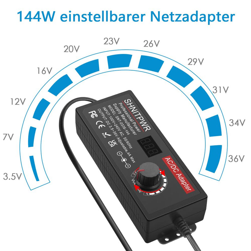 SHNITPWR Adjustable Power Supply 3.5-36V 4A 144W Universal Power Supply Adapter DC 36V 34V 31V 29V 26V 24V 20V 19V 14V 12V 9V 6V 3.5V with 14 Tips & Polarity Cable for Household Electronics LED Strip