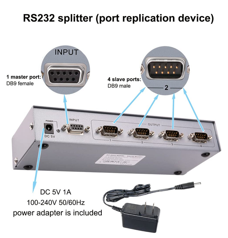RS232 Splitter, DTECH 4 Port Serial Expansion Box 1x4 COM Port Expander with Power Adapter for Sharing PCs and Capture Data 4-port serial splitter