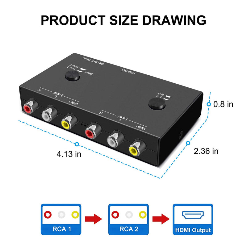 [AUSTRALIA] - 2 AV to HDMI, 1080P/720P TV 2 Way RCA Composite CVBS AV Switch to HDMI Video Audio Converter Adapter Support 4:3/16:9 Switching, for Sega Xbox PS2 PS3 N64 NGC SNES WII VHS VCR Camera DVD 2 RCA Converter 