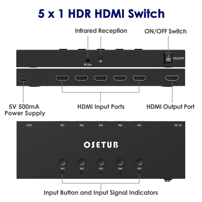 4K@60Hz 5 in 1 Out HDMI Switch, 5 Port HDMI Switcher Selector Support HDR10 & HDCP 2.2 & Full 3D with IR Remote Control Compitable with Nintendo Switch,Xbox PS5/4,Fire Stick,Roku,Apple TV for Gaming 4K@60Hz 5 in 1 Out HDMI Switch Upgraded