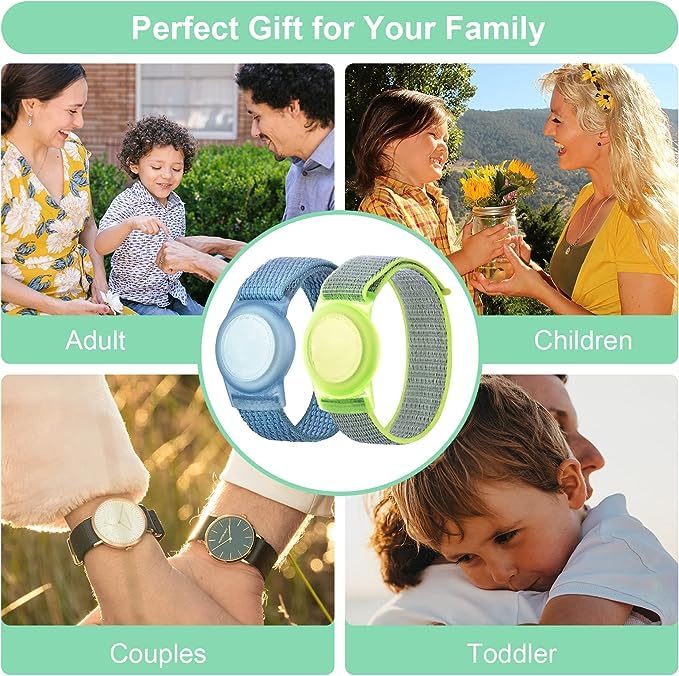 Kids Wristband Compatible with Apple AirTag, Protective Case for Air Tag GPS Tracker Holder with Nylon Bracelet, Adjustable Anti Lost Watch Band for Toddler Child Elder(Blue&Green) Blue & Green