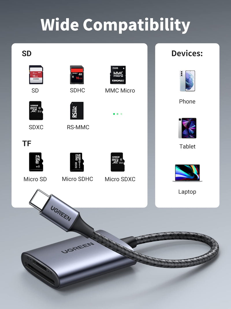 UGREEN USB C SD Card Reader, 2-in-1 Micro SD Card Reader USB C, Memory Card Reader for TF SD Micro SD SDXC SDHC MMC RS-MMC Micro SDXC UHS-I Cards for MacBook Pro, iPad Pro, iPad air, Samsung Galaxy
