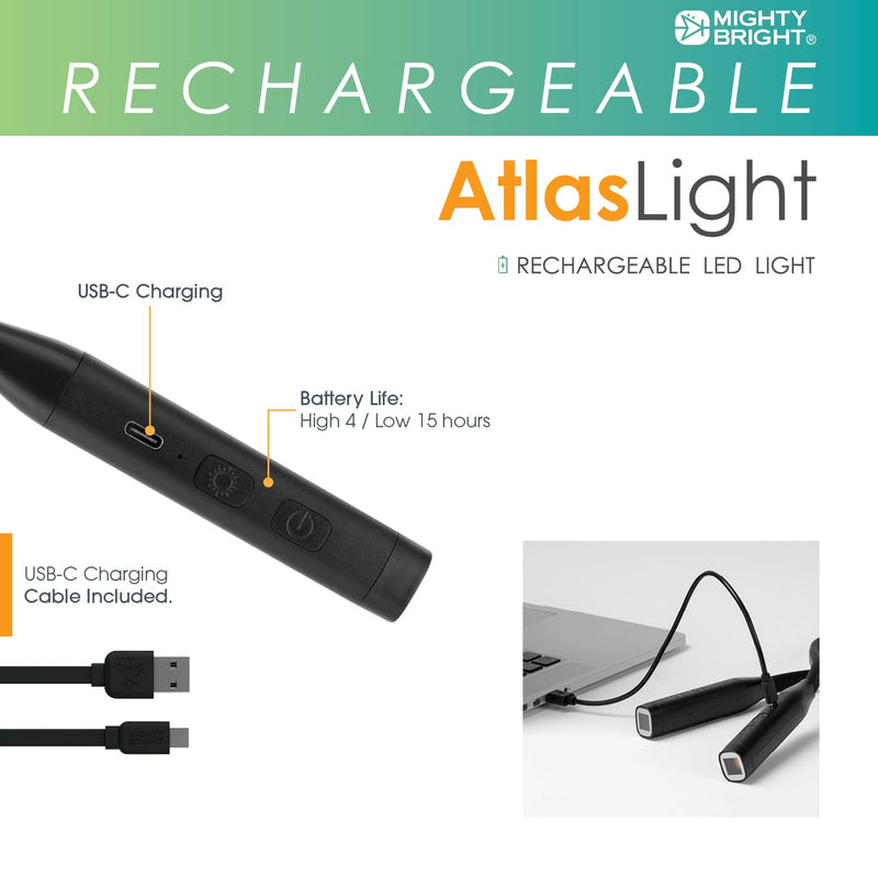 Mighty Bright Atlas Rechargeable Neck Light, 12 LED, 3 Color Temperatures, USB-C Charging Cable Included (Black) Black