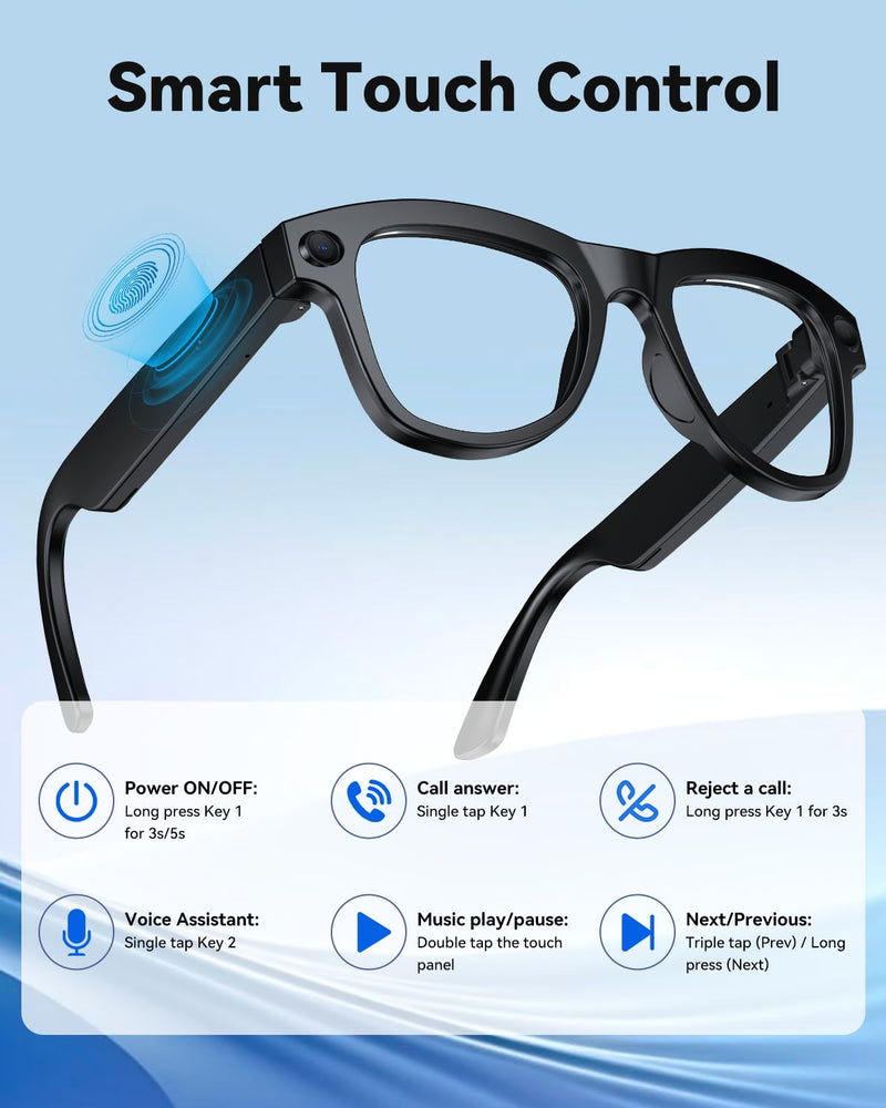 AI Smart Glasses with Camera, Translation, Video Audio Recording,Music | AI ChatGPT, Noise Canceling, Blue Light Lenses for Women Men (Traval Business) Black