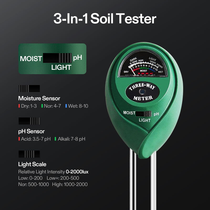 VIVOSUN Digital pH Meter, 3-in-1 TDS/EC/Temperature Meter, 3-in-1 Soil Moisture/pH/Light Tester Combo for Home, Garden and Hydroponics Black-White-Green