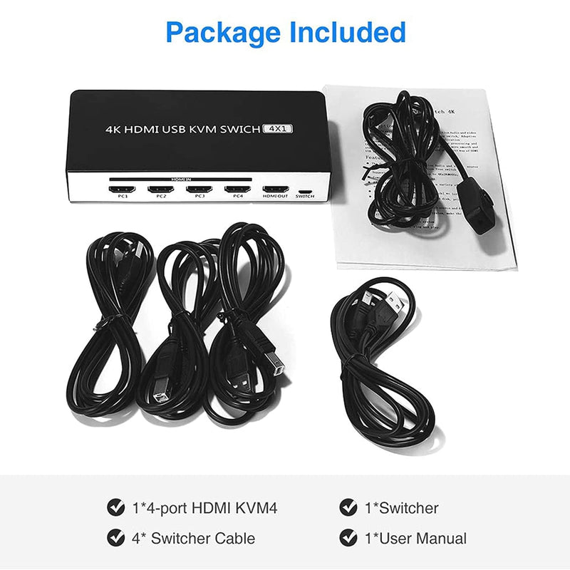 [AUSTRALIA] - UHD HDMI KVM Switch, Max 4K@30Hz Selector Switch, HDMI Switcher 4x1 with 4 USB Ports Peripheral Box Switching Hub,1 Button Switch and 4 Cables, 4 Switching Ways for Option 