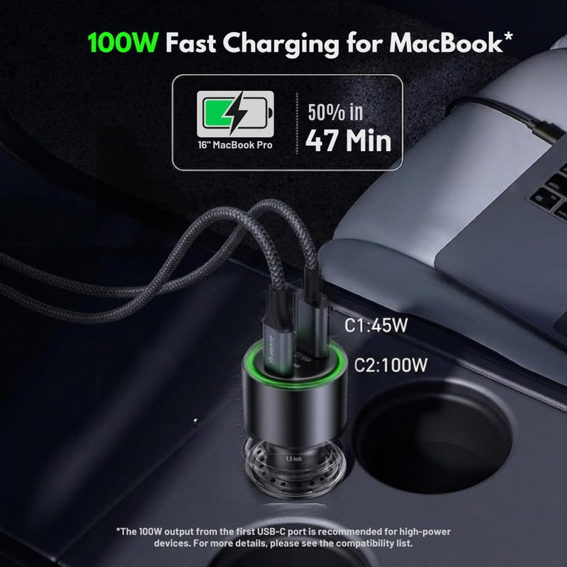 Esoulk145W USB C Car Charger Dual Port Cigarette Lighter Phone Charger | 145W fast dual USB-C car charger, includes 6ft 100W braided USB-C cable, charges 2 phones, tablets, or laptops.