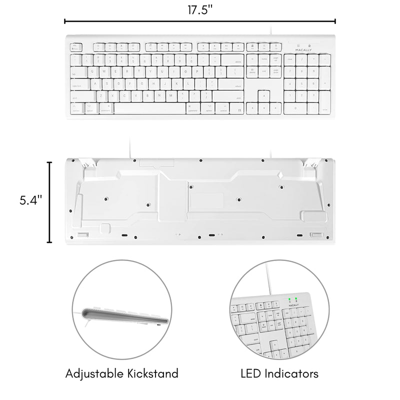 Macally Full-Size USB Wired Keyboard for Mac Mini/Pro, iMac Desktop Computer, MacBook Pro/Air Desktop w/ 16 Compatible Apple Shortcuts, Extended with Number Keypad, Rubber Domed Keycaps - Spill Proof white