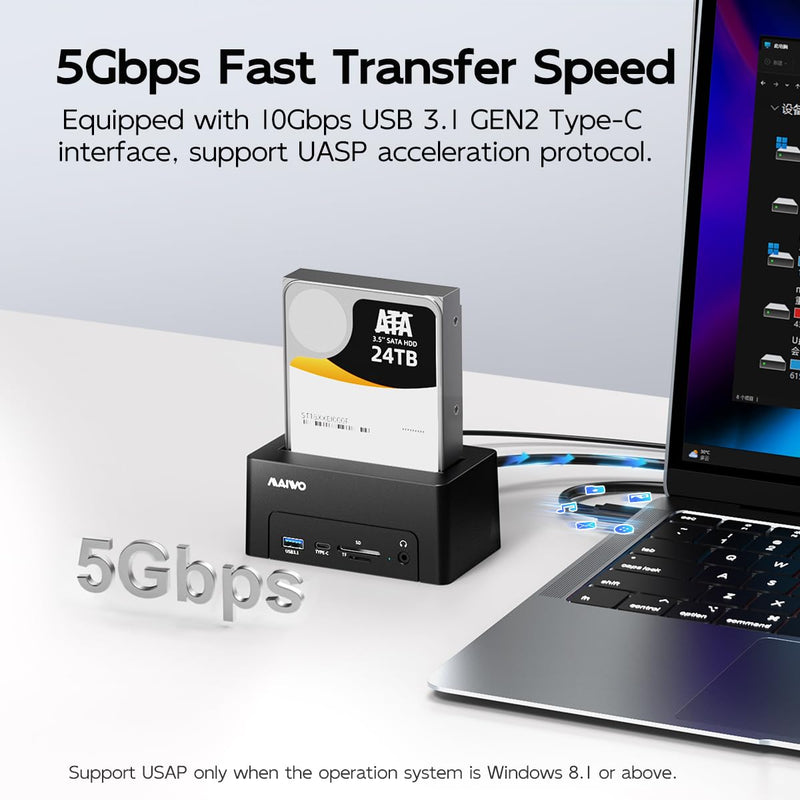 MAIWO Hard Drive Docking Station for 2.5 3.5 Inch SATA HDD SSD, USB 3.0/eSATA 5Gbps Speed with UASP, 24TB Capacity, External HDD Reader