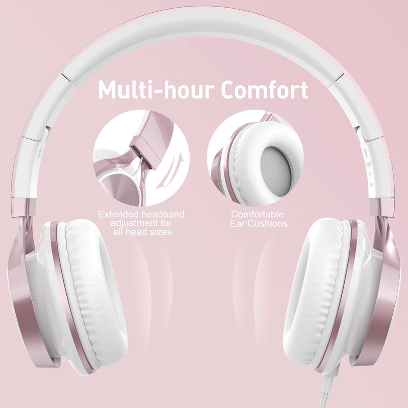 [AUSTRALIA] - AILIHEN MS300 Girl Headphones for Kids School, Wired On-Ear Headsets with Microphone for Chromebook Laptop Computer, Foldable Adjustable Teen Headphones, Tangle-Free, 3.5mm Jack (Rose Gold) Pink 