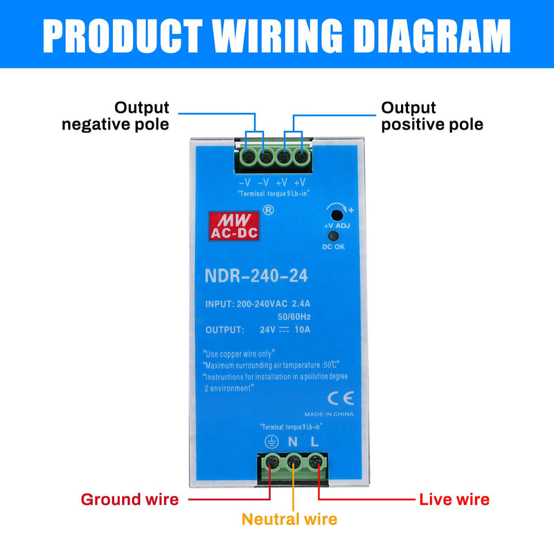 [AUSTRALIA] - 240W DIN Rail Power Supply 24V DIN Rail Switching Power Supply Input AC 100-220V 2.4A Output DC 24V 10A Multiple Protection Functions Industrial Model NDR-240W-24V 240W-10A 