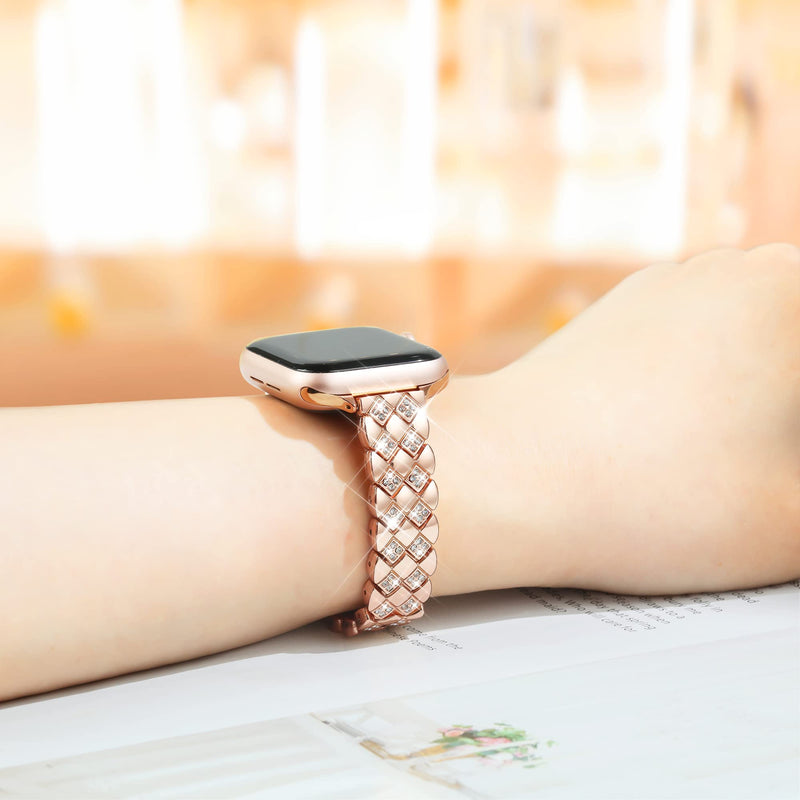 Exquisite Diamond Rhombus Band for Rose Gold Apple Watch Band 49mm 45mm 44mm 42mm, Fashion Shiny Band for Women, Elegant Alluring Metal Bracelet for iWatch Series 8/7/6/5/4/3/2/1/SE Ultra-Rose Gold
